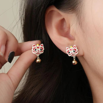 DAIIIBABYYY  -  Chinese Style 2024 Red Little Lion Bell Pendant Earrings for Women The Year of The Dragon Gift New Year Festive Jewelry Gifts